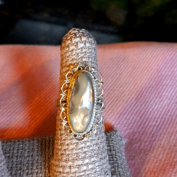 🐚💍Genuine 925 Silver Filigree Ring With Abalone Shell Oval Center Stone Size 8 - Picture 1 of 8